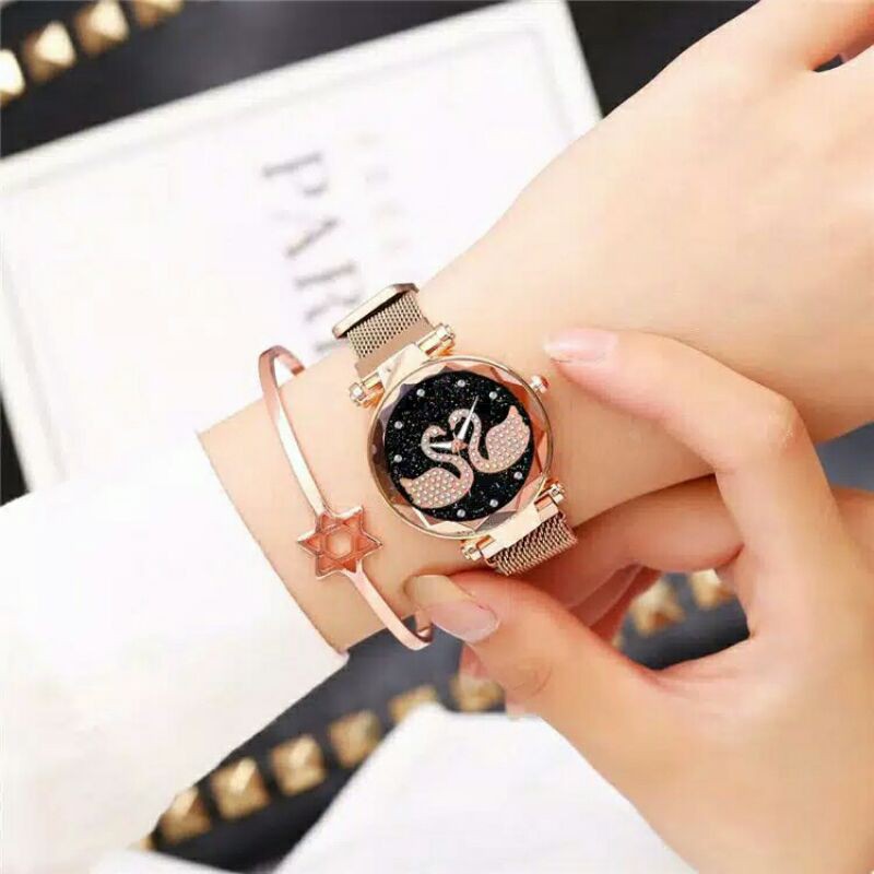 Jam Tangan Wanita Korea Strap Magnet Angsa Double/Jam Tangan Magnet