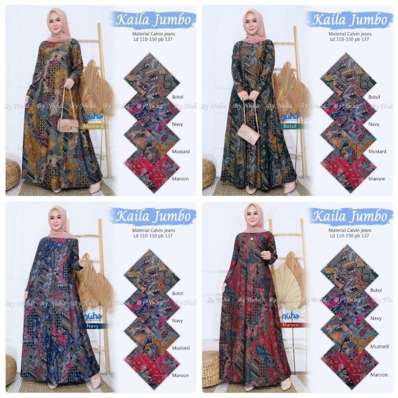 KAILA JUMBO GAMIS JUMBO TERBARU XXL-XXXXL BAHAN CALVIN JEANS GAMIS PRINTING MOTIF BATIK ORI SOLO DRE