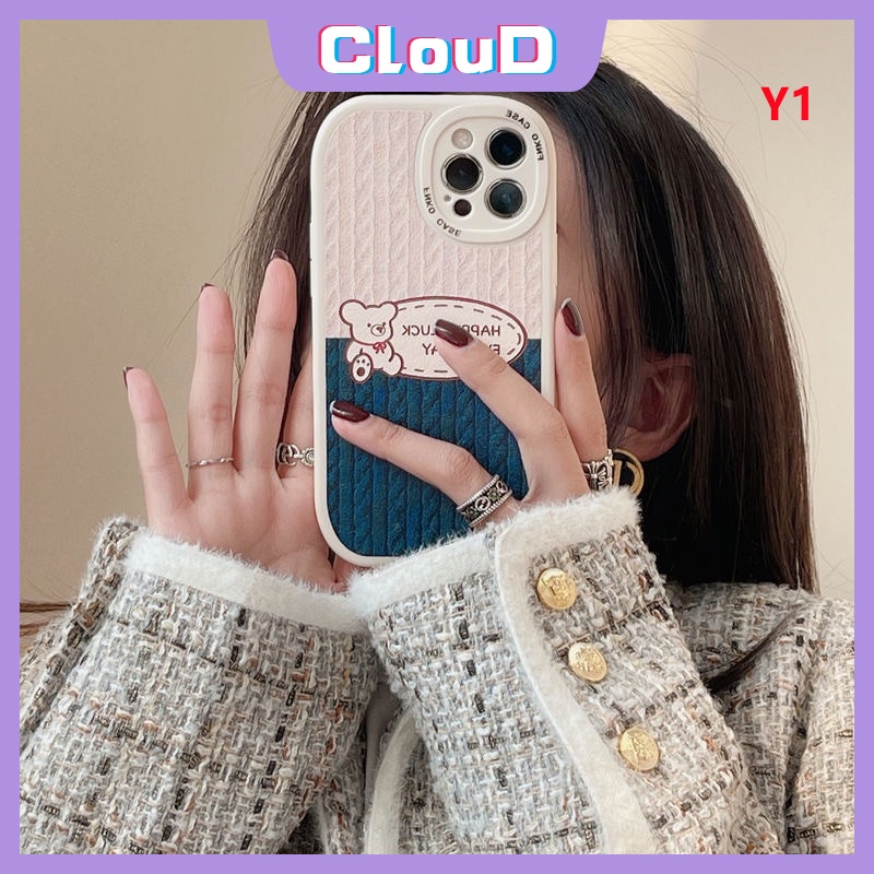 IPHONE Casing TPU Soft Phone Case Kompatibel Untuk Iphone11 13 12 14 Pro Max7 8 Plus 6 6s Plus XR X XS MAX SE 2020motif Rajut Beruang Kartun Lucu Garis Penyambungan Sarung Pelindung