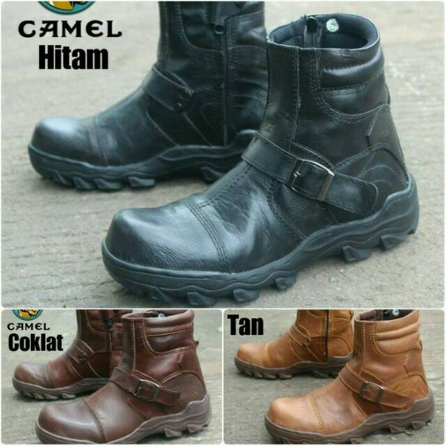 Camel safety boots zipper kulit asli ujung besi/bonus kaos kaki