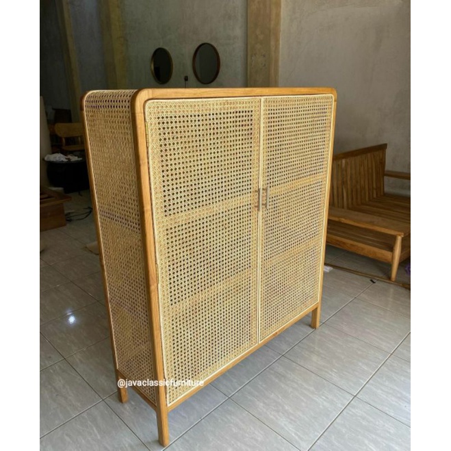 ALMARI LEMARI PAKAIAN ROTAN PINTU 2 CUSTOM RETRO MINIMALIS VINTAGE UNIK BAHAN KAYU JATI FINISHING NATURAL BLEACHING FURNITURE JEPARA-1