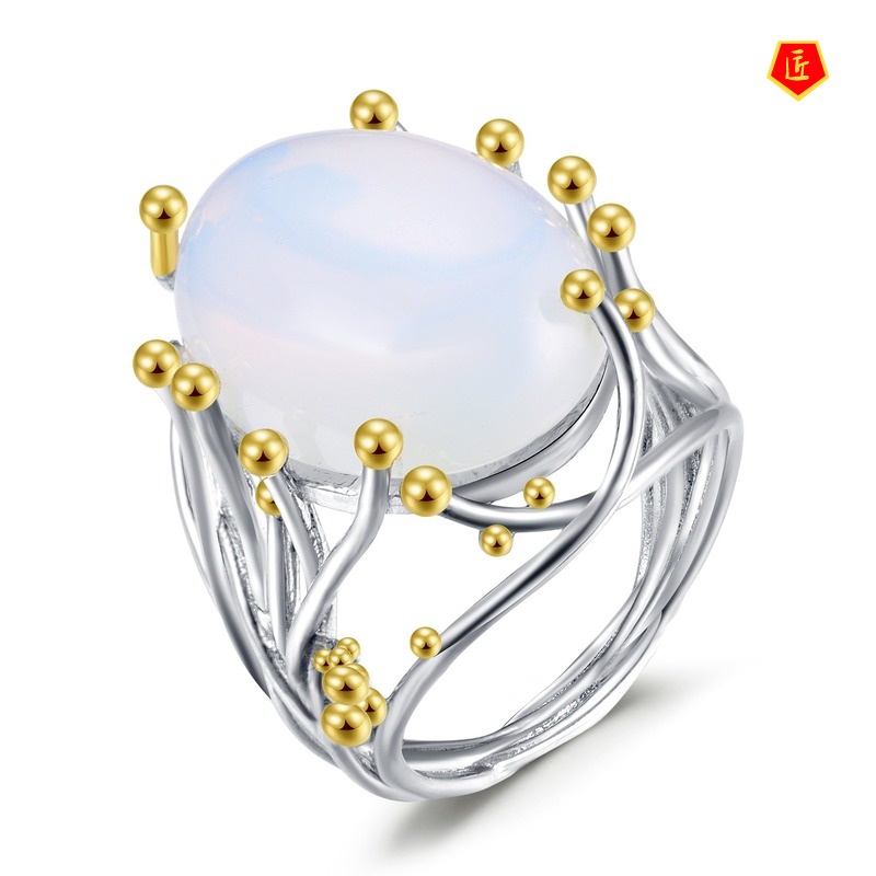 [Ready Stock]Fashion Personality Inlaid Moonstone Silver Ring Women