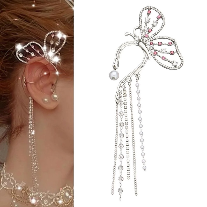 1pc Anting Rumbai Panjang Bentuk Kupu-Kupu Aksen Mutiara Dan Berlian Imitasi