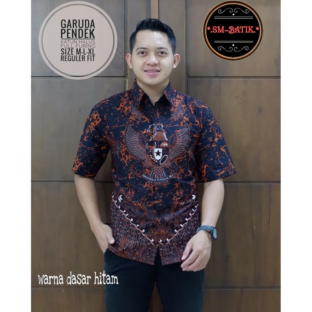 GARUDA  Atasan Kemeja Baju Batik Pria Lengan Pendek Katun Halus FULL FURING SM Batik