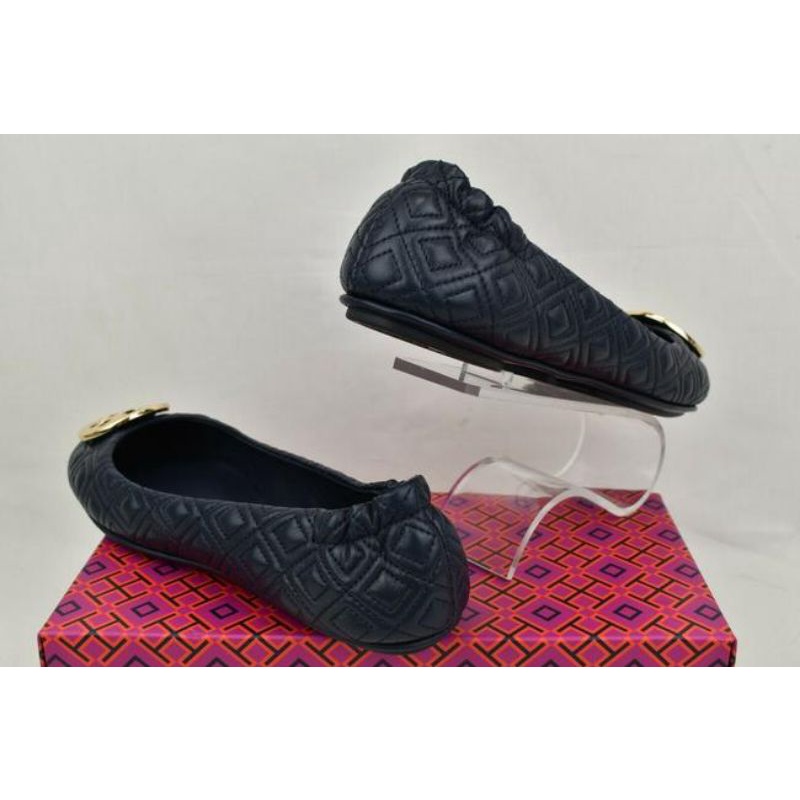 Tory Burch Minnie Quilted Black Nappa Leather Gold Ballet Flats