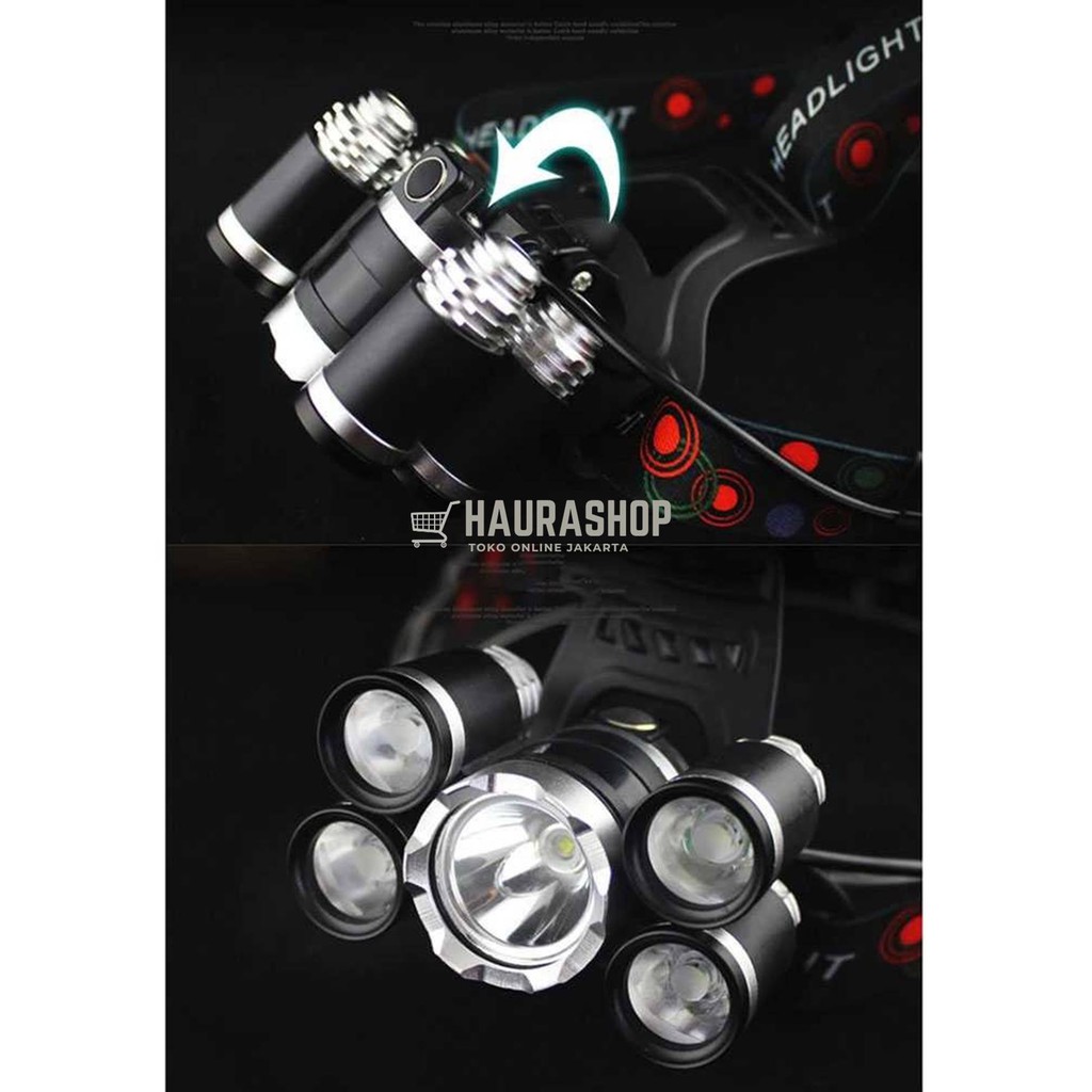Paket Senter Kepala 5 LED Cas Super Terang XM-L T6 + 4XPE 40000 Lumens Headlamp Full Set 5 LED