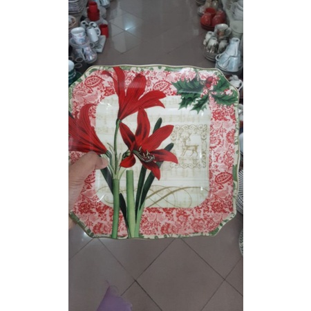 FLOWER SQUARE DINNER PLATE PIRING KOTAK KERAMIK SANGO MOTIF BUNGA LILI KLASIK ANTIK JADUL KOLEKSI