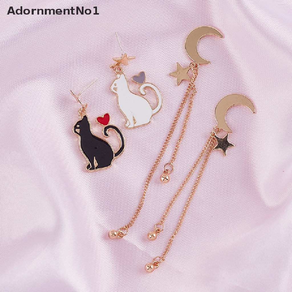 (AdornmentNo1) Anting Tusuk Asimetris Motif Kucing + Bulan + Bintang Untuk Perhiasan Wanita