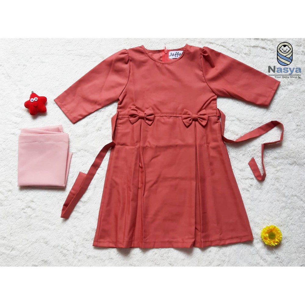 [T-002] Baju Anak Muslim / Set Gamis Pita tali Anak Perempuan + Jilbab  (Anak umur 2 Tahun)