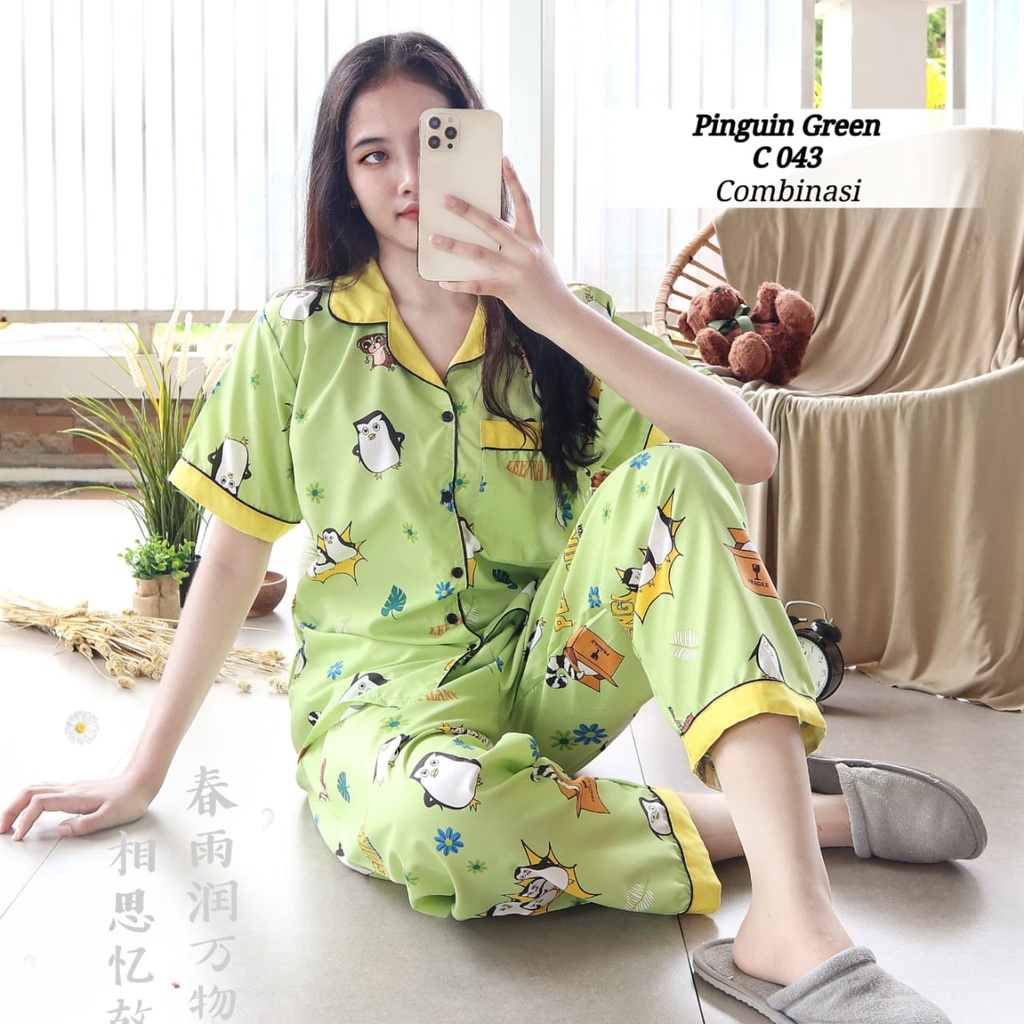 PIYAMA DEWASA PIYAMA WANITA CP LD 106 bunga stripe polkadot-pinguin green L