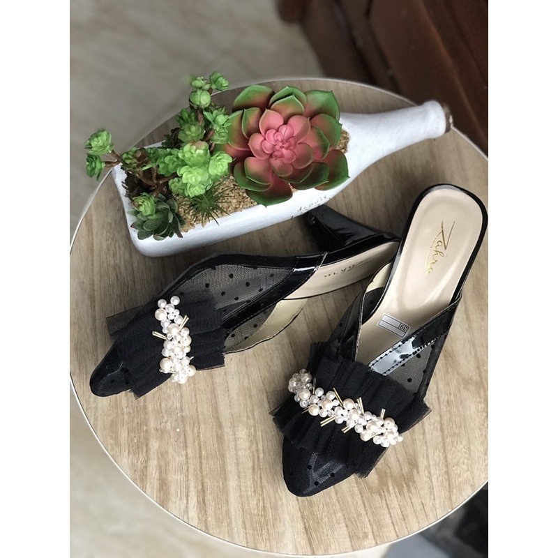 Termurah!!! Sendal hak tile hitam 5cm mewah / wedding shoes / sepatu pengantin / sepatu brukat / sepatu payet / sandal pesta