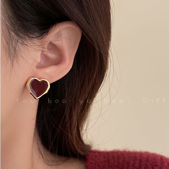 IFYOU Anting Bentuk Hati Warna Merah Gaya Vintage Korea Untuk Wanita