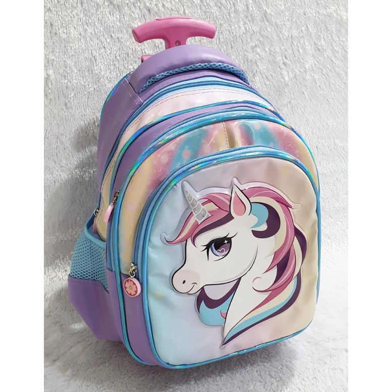 SALE TAS DORONG TROLLEY ANAK PAUD / TK / PLAY GROUP PEREMPUAN GAMBAR KUDA PONY TANDUK SOFT TIMBUL BAHAN TAHAN AIR ( 11 - 12 inch  ) Pilihan Varian