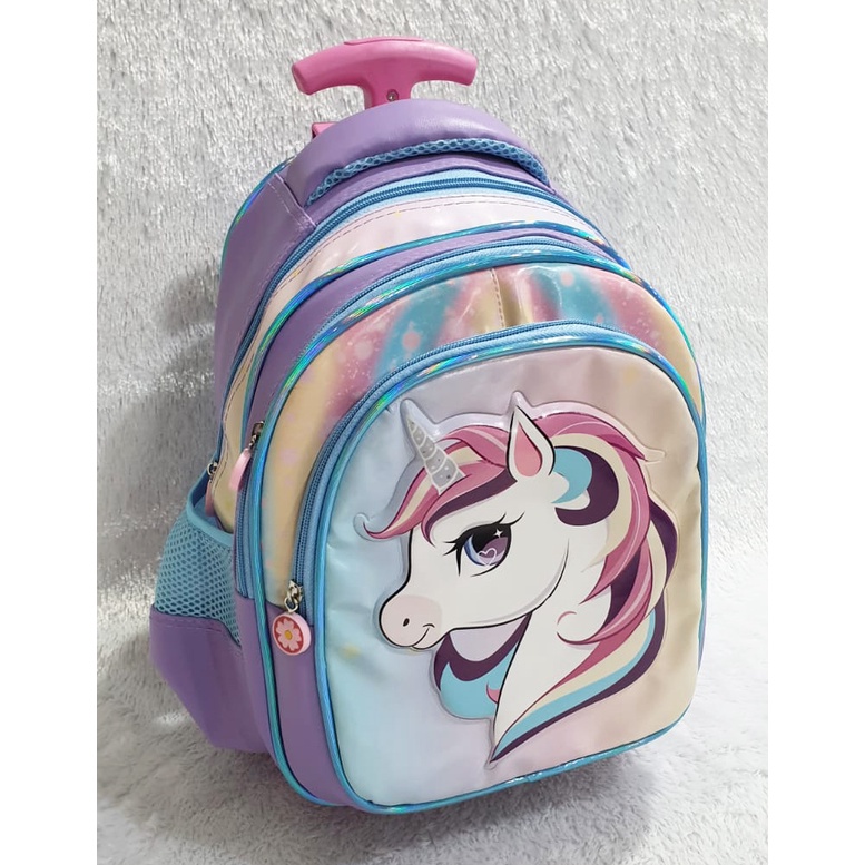 TAS DORONG TROLLEY ANAK PAUD / TK / PLAY GROUP PEREMPUAN GAMBAR KUDA PONY TANDUK SOFT TIMBUL BAHAN TAHAN AIR ( 11 - 12 inch  ) Pilihan Varian