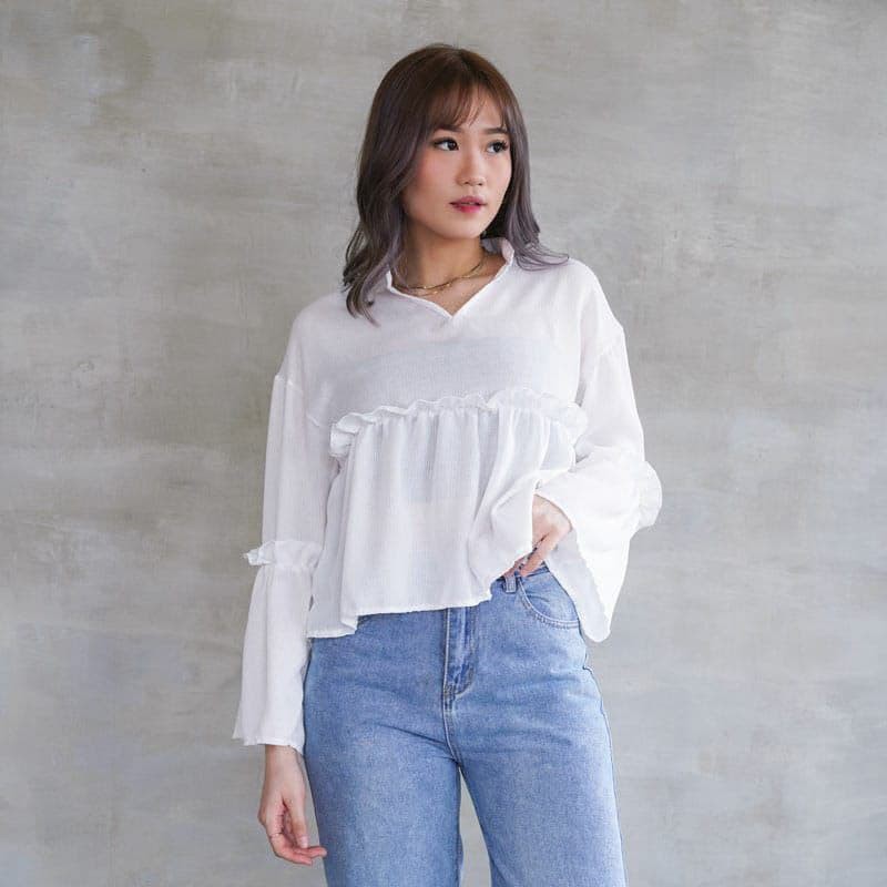 Baju Atasan Wanita Blouse Lengan Kembang Panjang All Size Free Size Terbaru 2021 Viral Tiktok