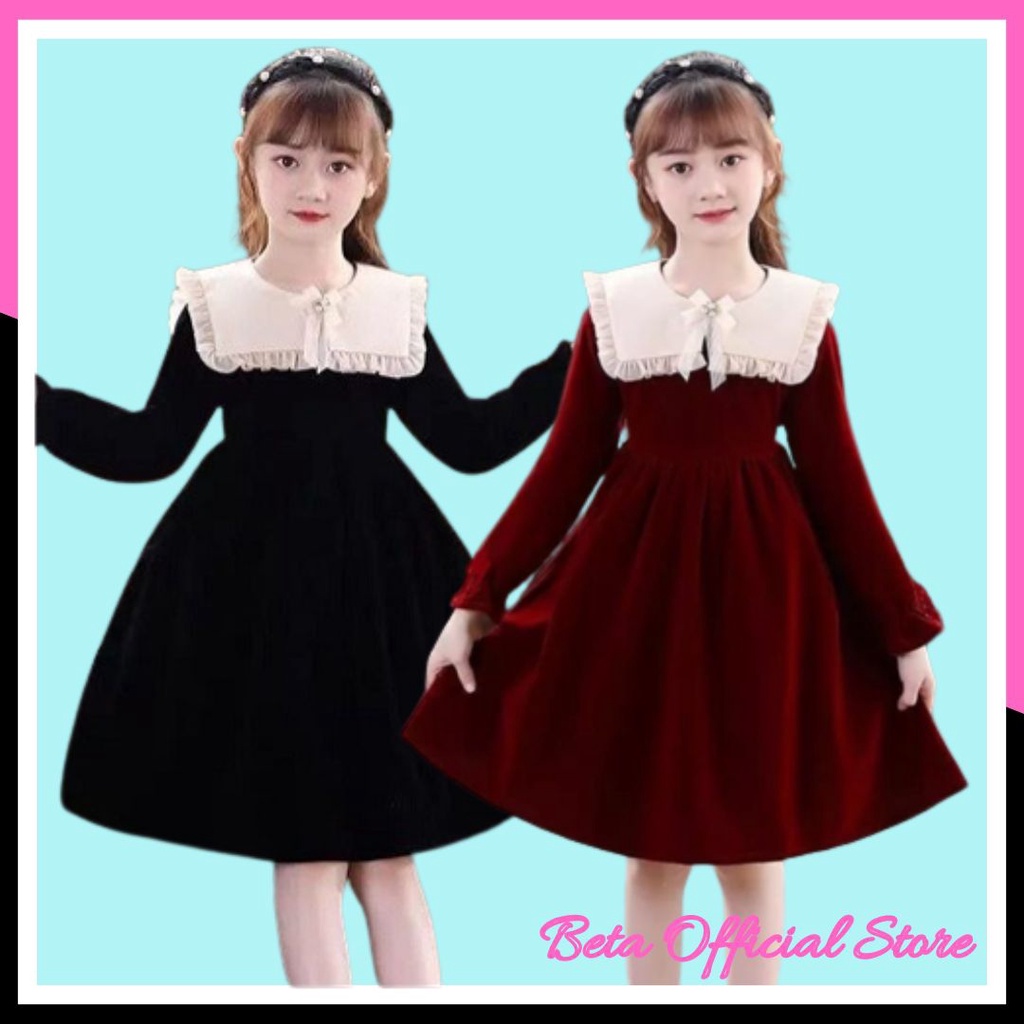 Baju Dress Pesta Natal Lengan Panjang Anak Perempuan Tanggung Usia 6 7 8 9 10 Tahun Simpel Cantik Mo