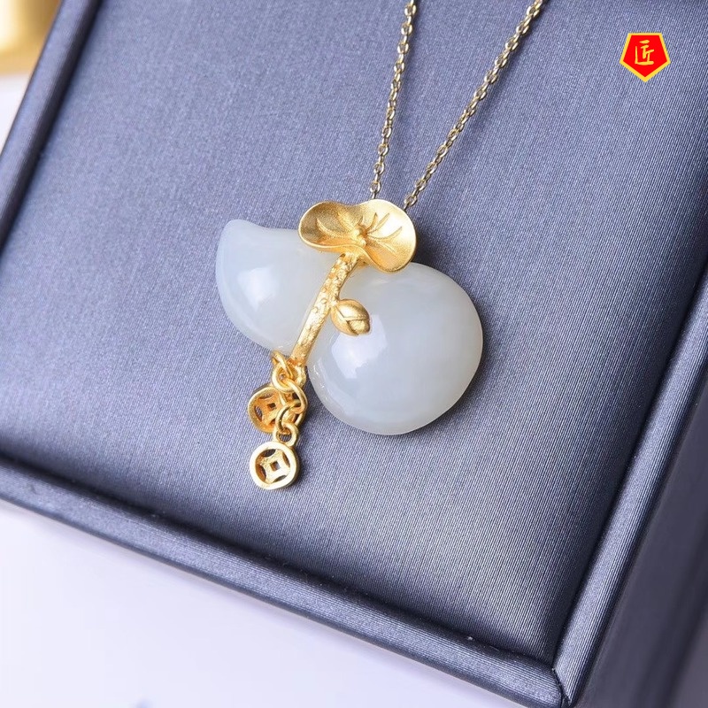 [Ready Stock]Hetian Jade Gourd Pendant Retro Gold Inlaid with Jade Chinese Style