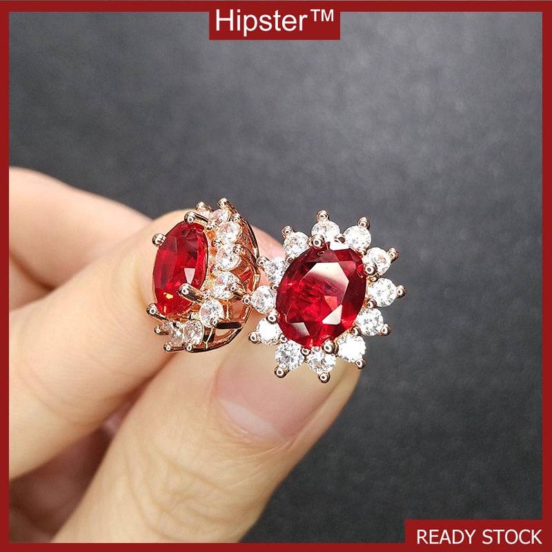 Fashion Personality Affordable Luxury Full Diamond SUNFLOWER Red Crystal Colored Gems Earrings