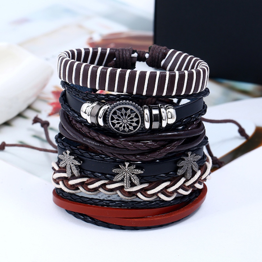 Hu Hu Hu Hu Hu Alat Bantu Pasang Kacamata♡ 6pcs Gelang Tangan Kulit Imitasi Gaya Retro Hip Hop Punk Aksen Tengkorakdaun Untuk Pria