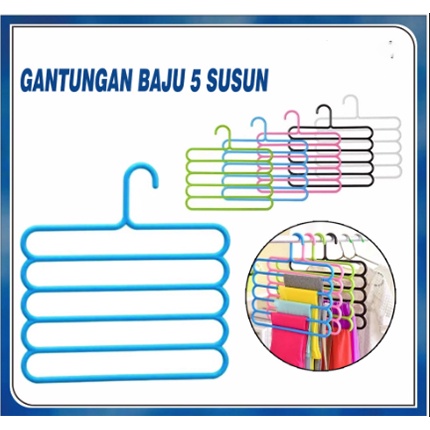 Gantungan Baju 5 Susun / Magic Hanger Pakaian Celana Jilbab Handuk 5 Layer Lemari Plastik Hemat Tempat