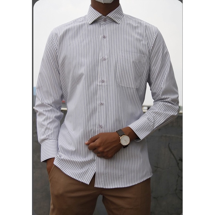 Kemeja Kerja  Formal STANLEY ADAMS Reguler Fit Putih Navy Salur Lengan Panjang 06 | Hem Ukuran Big Jumbo Size S M L XL XXL XXXL 2XL 3XL 14.5 15 15.5 16 16.5 17