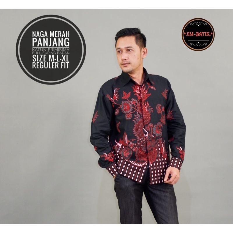 NAGA MERAH Kemeja Baju Batik Pria Solo Lengan Panjang Katun Halus FULL FURING PREMIUM Batik Ori SM S
