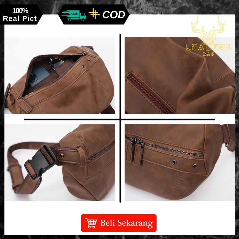 Waist Bag Kulit Pria Original Import Model Terbaru Warna Coklat Atau Tas Selempang Kulit Cowok Distro Waterproof A37