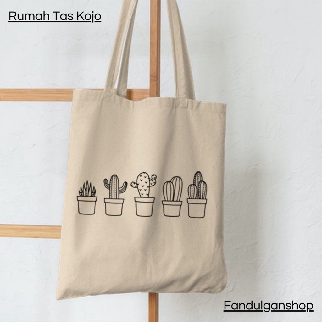 FLASH SALE 7.7 - TOTEBAG MOTIF TANAMAN KAKTUS - RESLETING BAHAN KANVAS / DINIR 300 UKURAN 35X40 CM