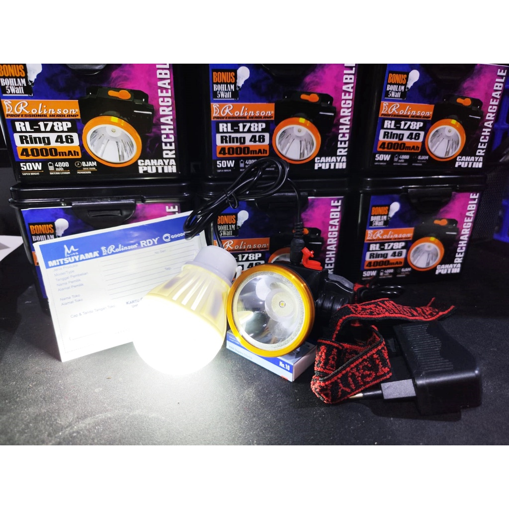 Senter Kepala LED Super Terang 50 Watt Cahaya Kuning dan Putih Gratis Bohlam 5 Watt RL -178P