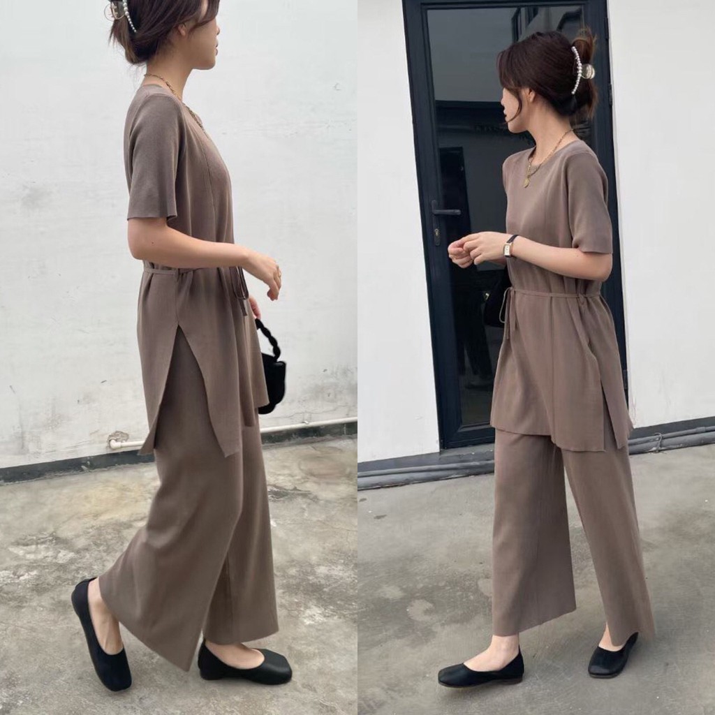 SET6316 Kylie Slit Long Blouse & Pants Knit Set-7