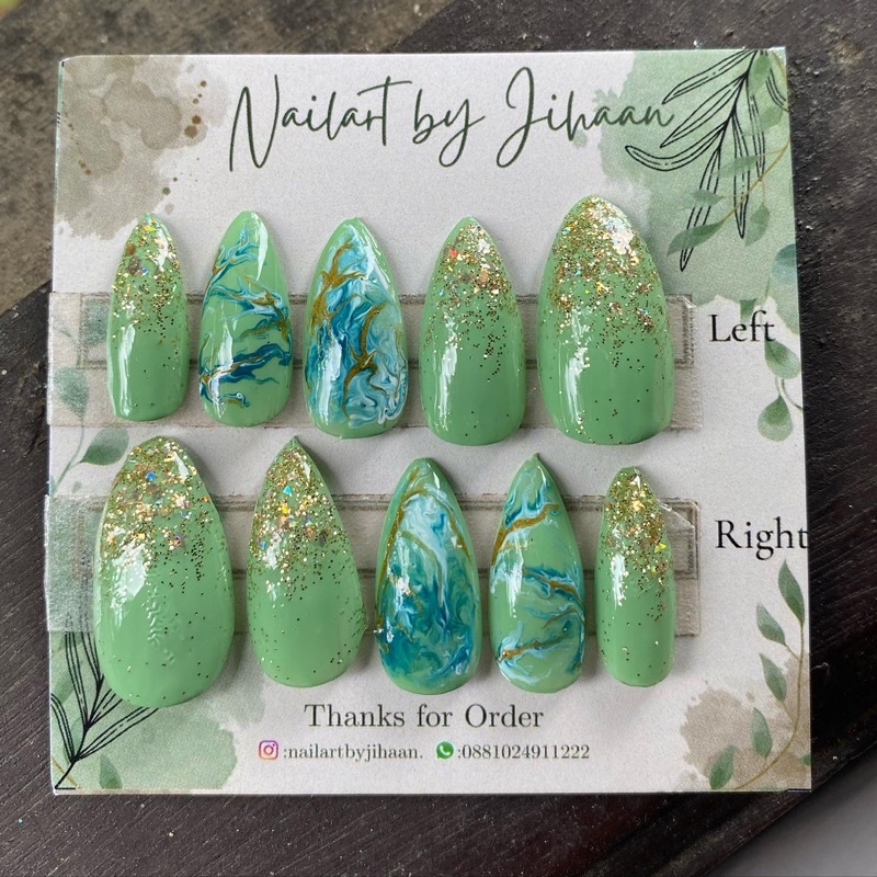 NAIL ART KUKU WEDING SIMPLE PALSU SAGE GREEN