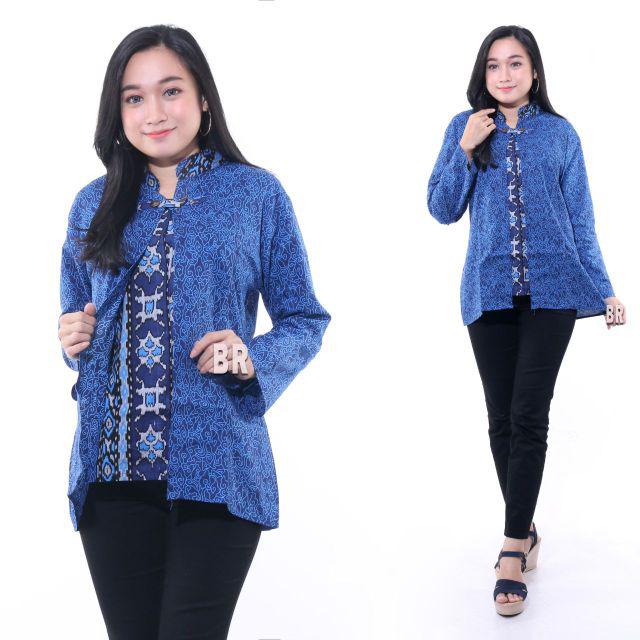 Batik Couple keluarga Maura Couple Sania Ruffle Ori Ndoro Jowi dnt Termurah motif mega mendung biru-bluse bolero