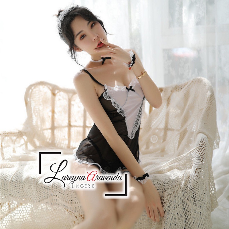 Set Baju Lingerie Seksi &amp; Bando &amp; G String Model Cosplay Maid Premium LG104