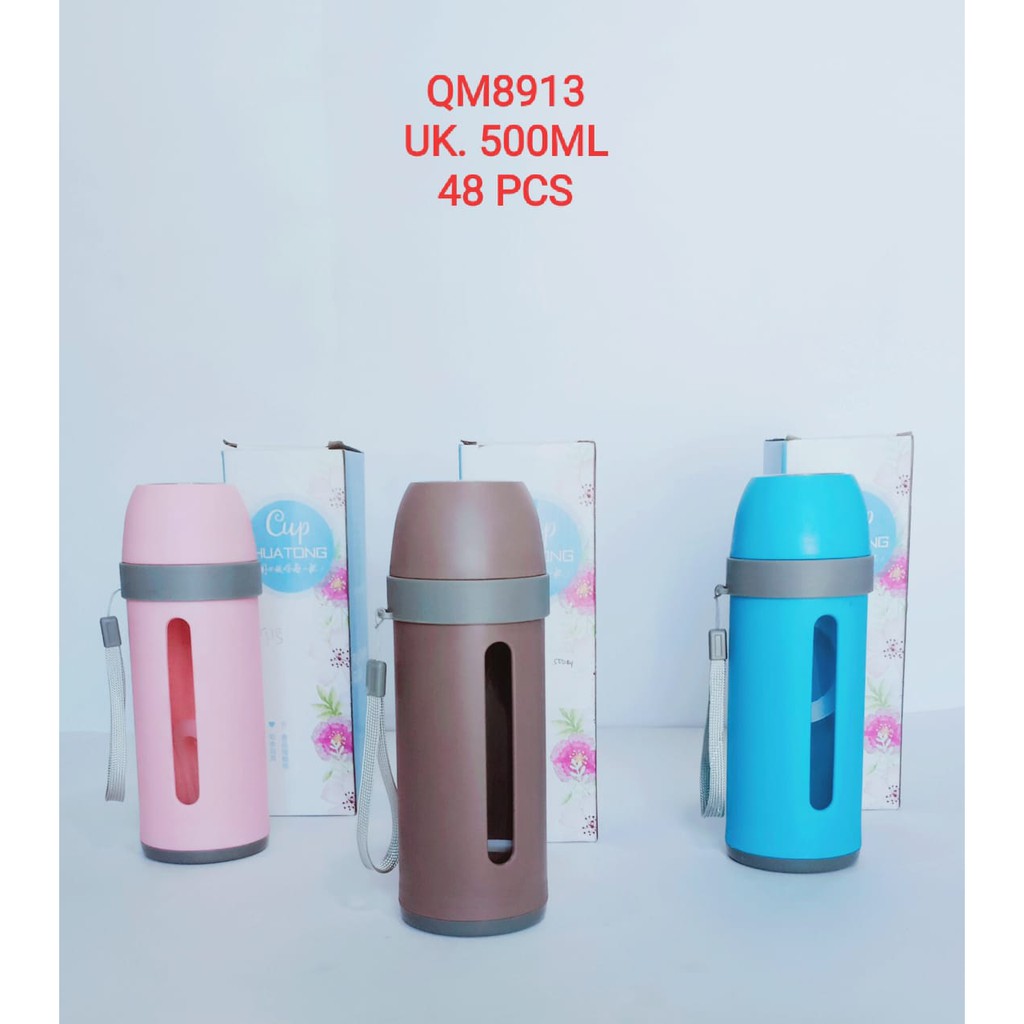 BOTOL MINUM MOTIF PLUS TUTUP KACA COVER PLASTIK 500ML