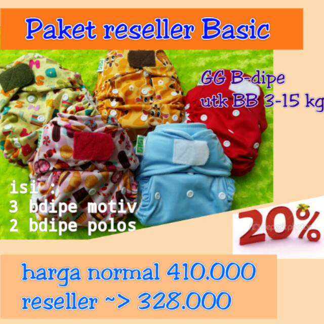 Paket Reseller Basic 20% Cloth Diapers Popok Kain Bayi Modern Cuci Ulang Clodi GG Bdipe Solid