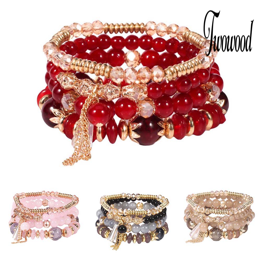 4pcs / Set Gelang Rantai Manik-Manik Mutiara Batu Akik Palsu Gaya Boho Untuk Wanita