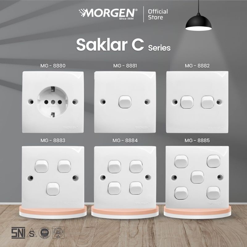 Morgen Saklar IB C Series SK Arde, Engkel, Seri,Triple ,Empat, Lima , StopKontak Arde + Switch + LampuIndikator , Socket AC + Switch + LampuIndikator Model clipsal classic SNI