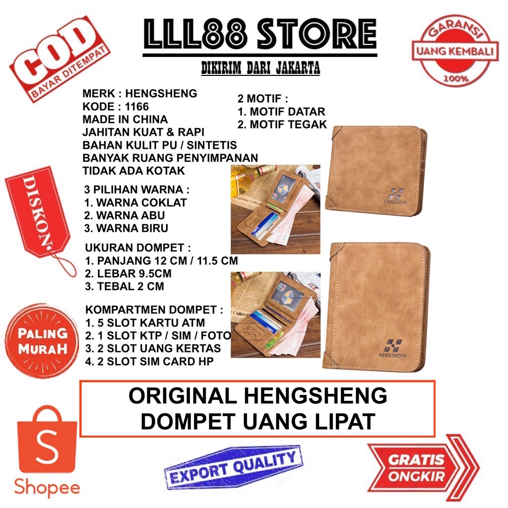 ORIGINAL HENGSHENG 1166 DOMPET UANG LIPAT PRIA MOTIF TEGAK DATAR - LLL88 Store