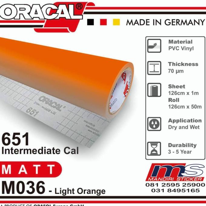 :::::::] Sticker ORACAL 651M - 036 Light Orange Matt Cutting Stiker (Meteran)