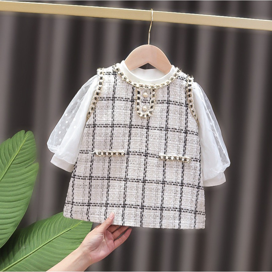 DK30- Dress bayi /baju dress anak /pakaian bayi anak perempuan lengan motif renda kotak kualitas premium