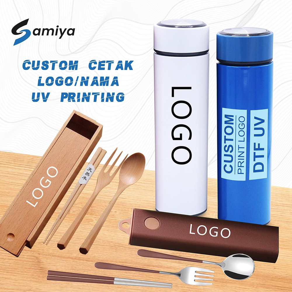 jasa custom cetak logo nama UV DTF print souvenir merchandise coorporate promotional free konsultasi desain / cetak print satuan souvenir wedding promosi perusahaan