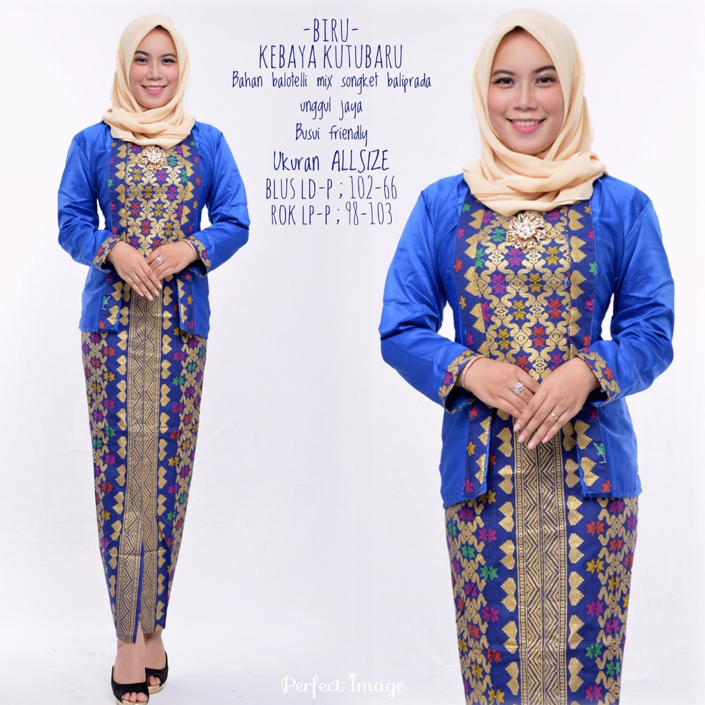 setelan kebaya kutubaru panjang bahan katun warna biru