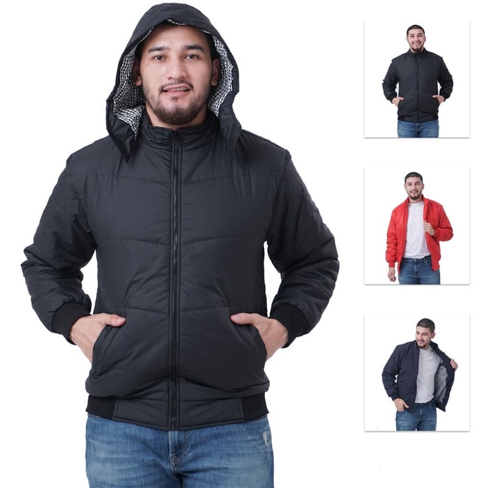 Jaket Terbaru Pria Parasut Tebal Polos Anti Air Windbreaker - Hitam, S