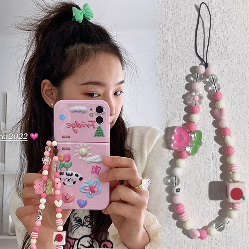 Tali Lanyard Manik-Manik Mutiara Akrilik Anti Hilang Warna-Warni Gaya Korea Untuk Case Hp