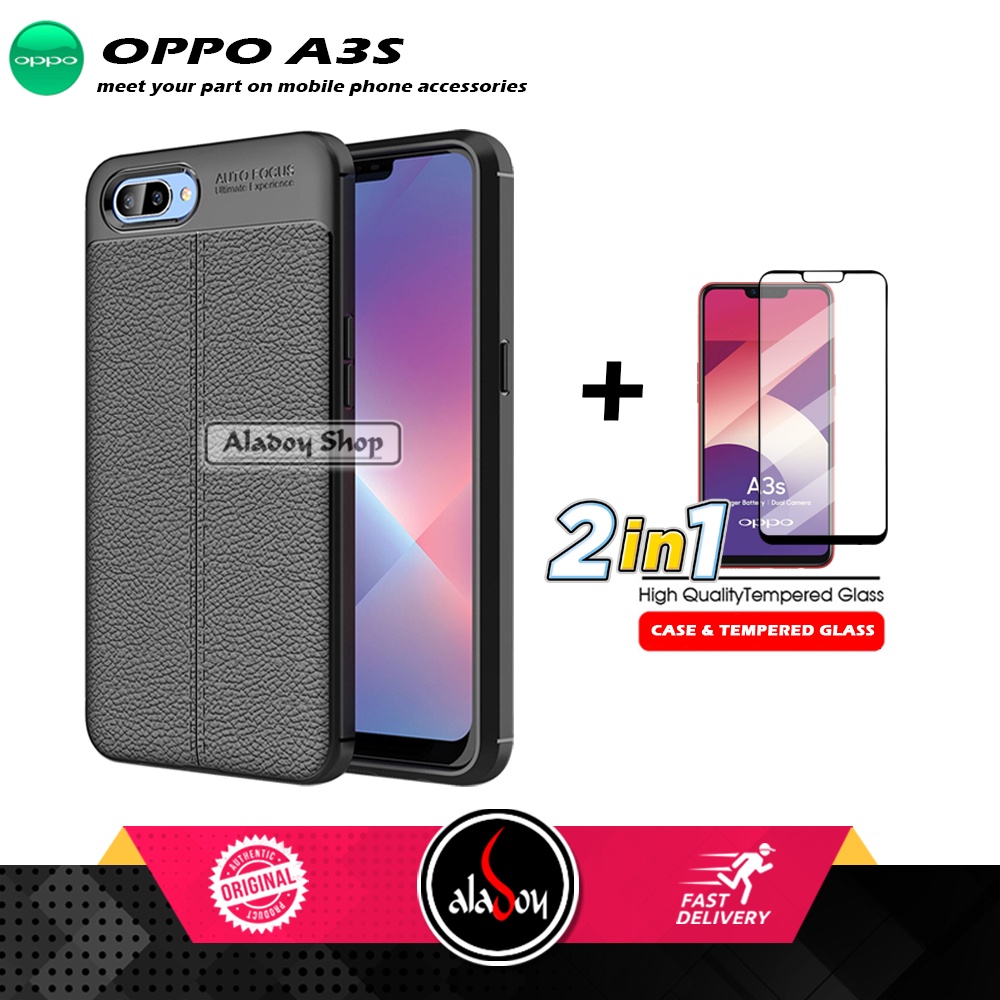 PAKET Case Autofocus Leather Free Tempered Glass Pelindung Layar Oppo A3S