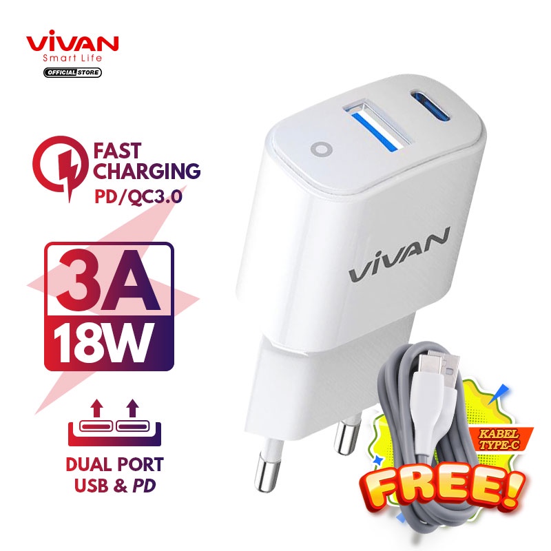 Charger VIVAN Power Super II 18W 3A Quick Charging Fast Charging QC 3.0 + Type C Port PD POWER DELIVERY Smart Protection PLUS KABEL USB TYPE C - Garansi Resmi 1 Tahun