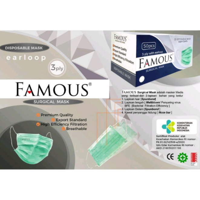 masker medis famous 3ply surgical mask isi 50pcs izin kemenkes disposable
