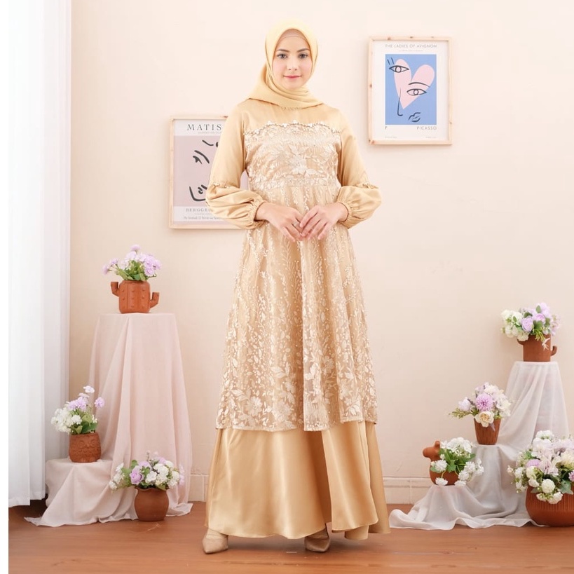 (COD) Gamis Tile Payet Tangan Balon/ Gamis/ Gamis Pesta/ Gamis Kondangan/ Gamis Tile/ Gamis Brukat/ 