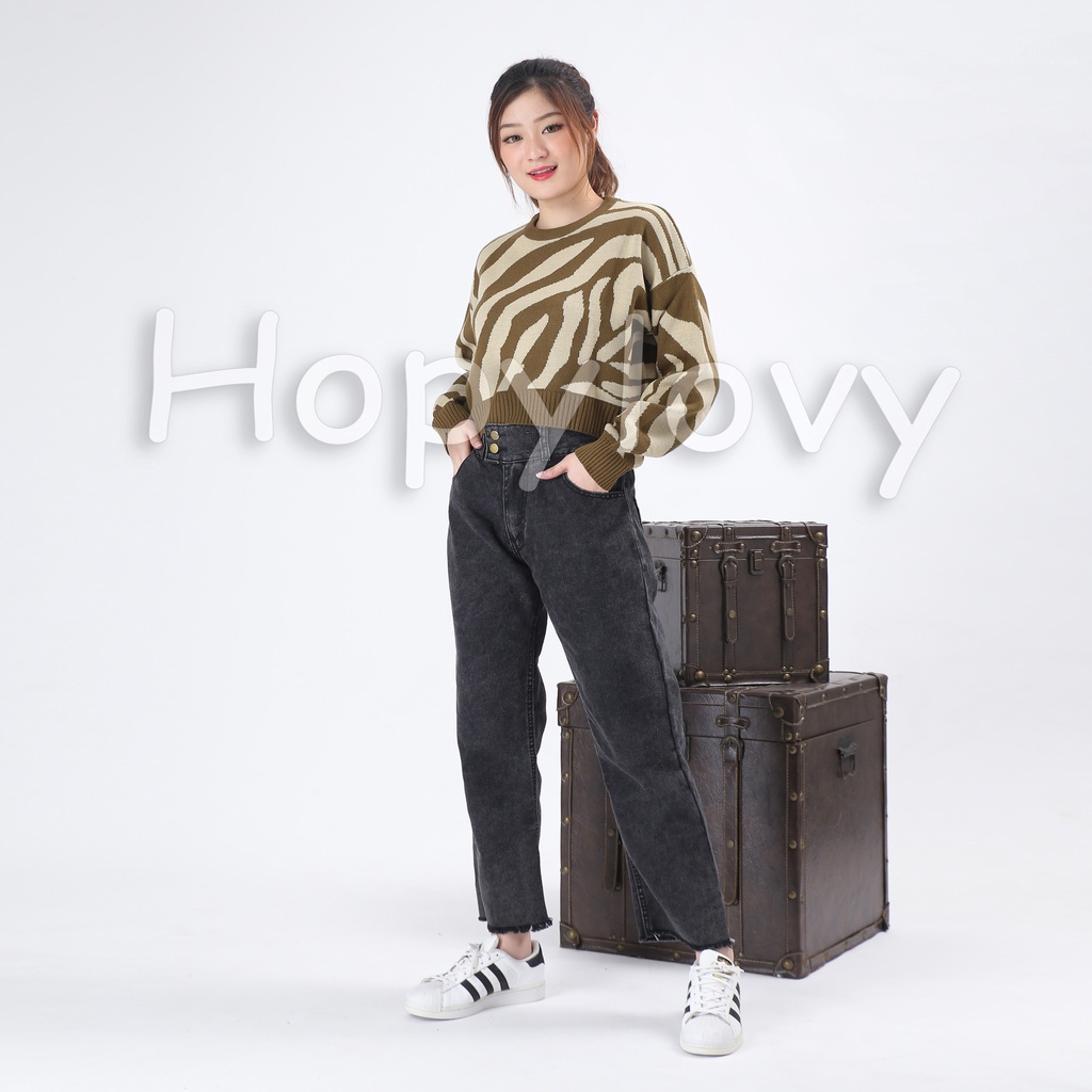 HOPYLOVY - Celana Panjang Boyfriend Jeans Wanita Highwaist Jeans Rawis Alecia