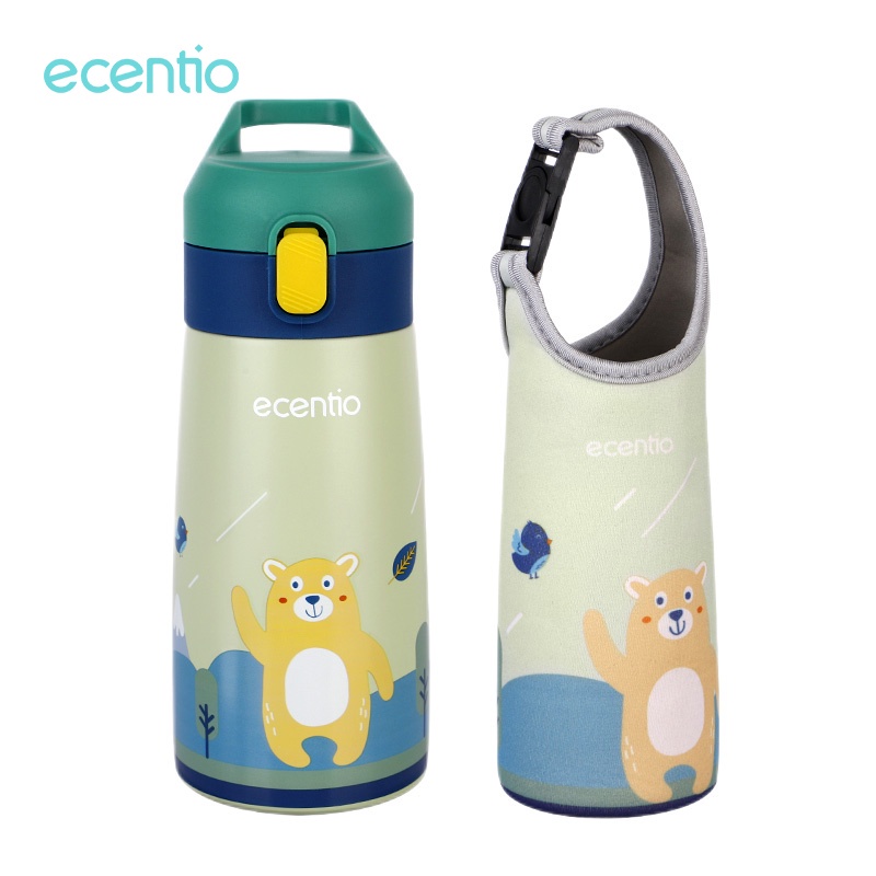 ecentio &amp; FOODI botol minum anak sedotan termos air panas mini 400ml 304 stainless steel Merah Muda/Hijau/termos mini 400ml kids/straw sippy cup